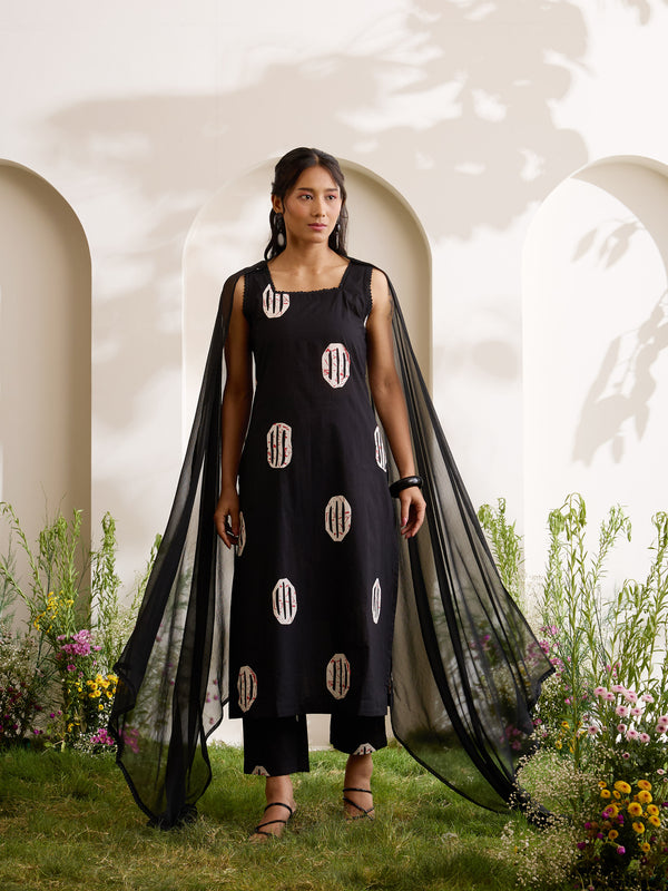 Khushal K Women Cotton Kurta And Palazzo With Dupatta Set - Black