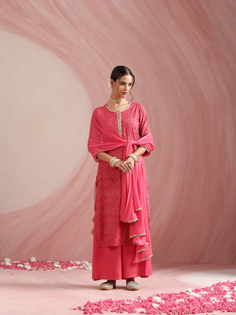 Pink Embroidered Kurta Set with Dupatta