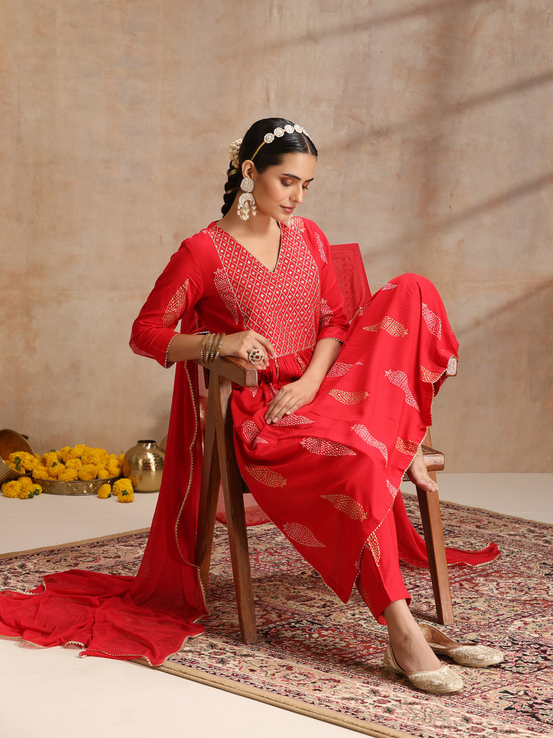 Red & Gold Printed Kurta with Trousers & Dupatta