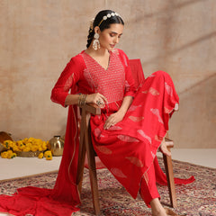 Red & Gold Printed Kurta with Trousers & Dupatta