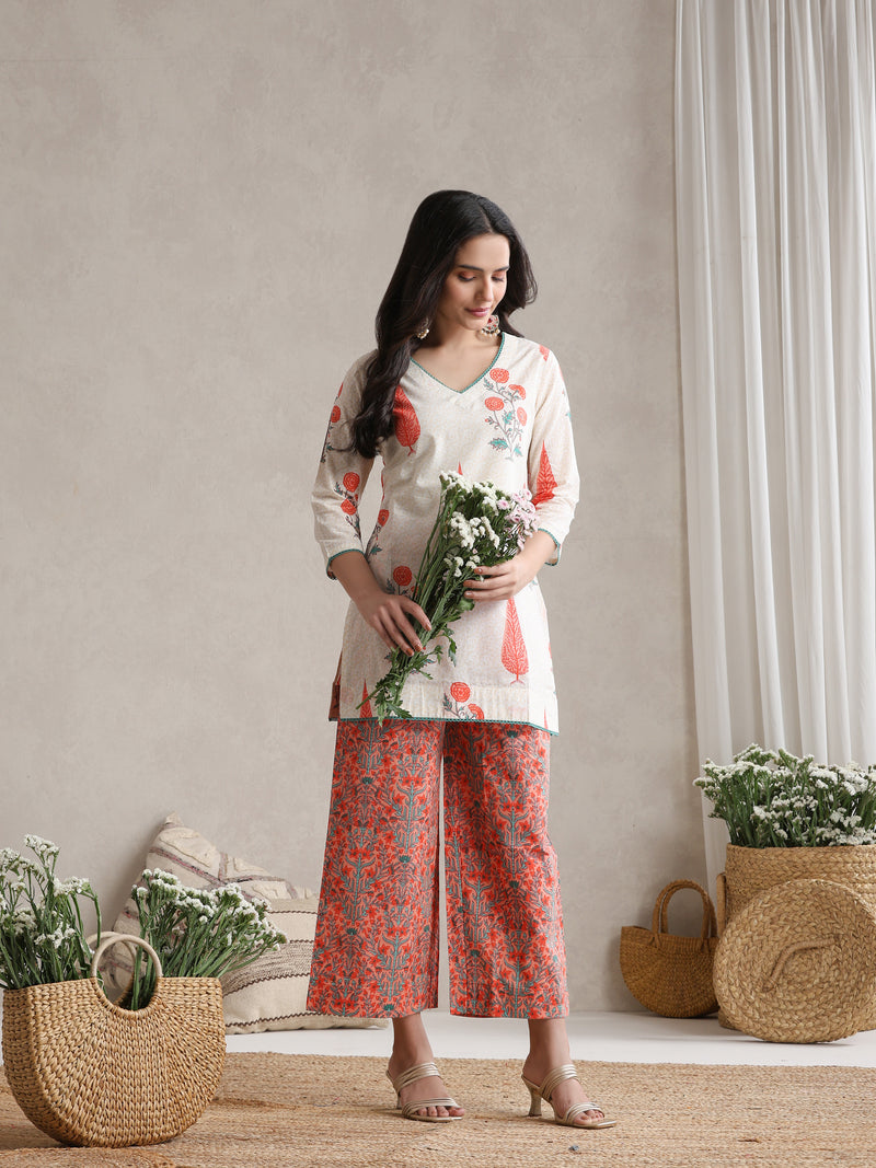 Printed Cotton V-Neck Tunic With Palazzo Co-Ords
