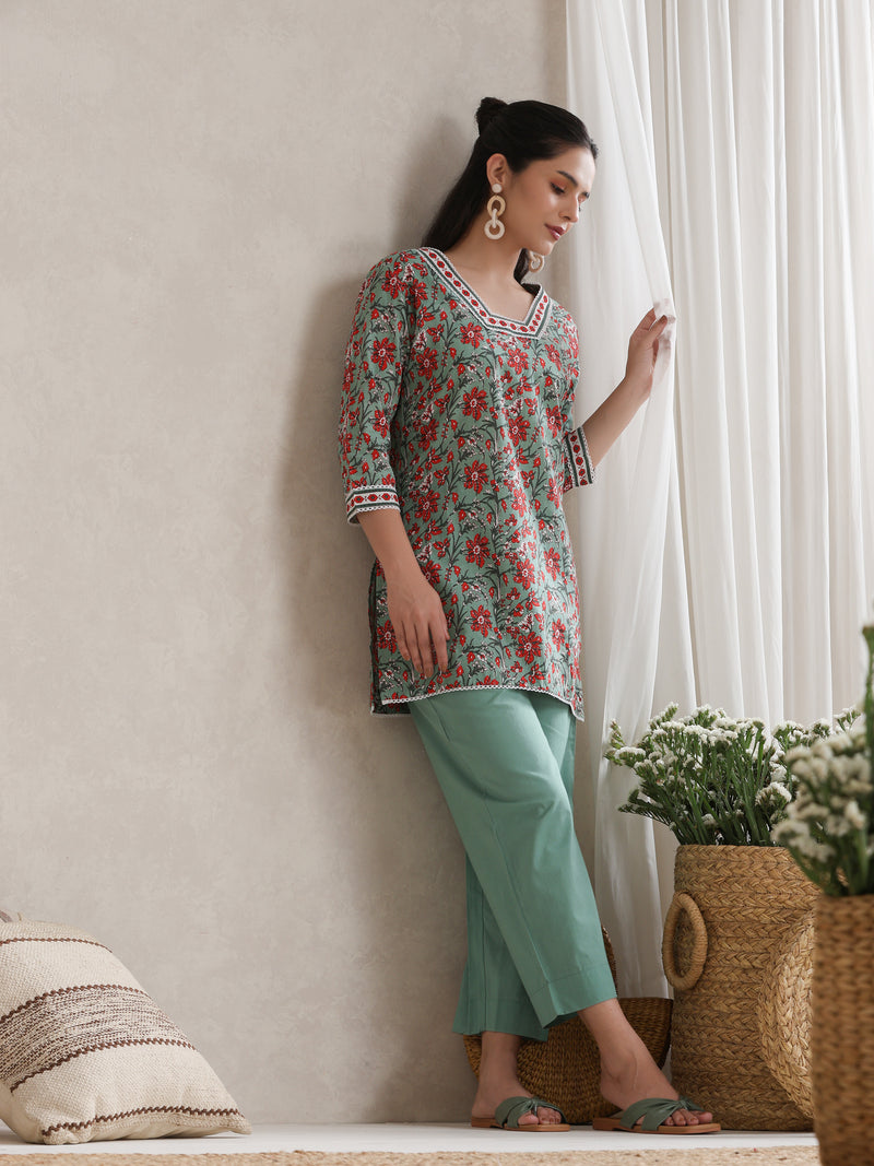 Floral Printed Cotton V-Neck Tunic With Trouser Co-Ords