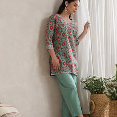 Floral Printed Cotton V-Neck Tunic With Trouser Co-Ords