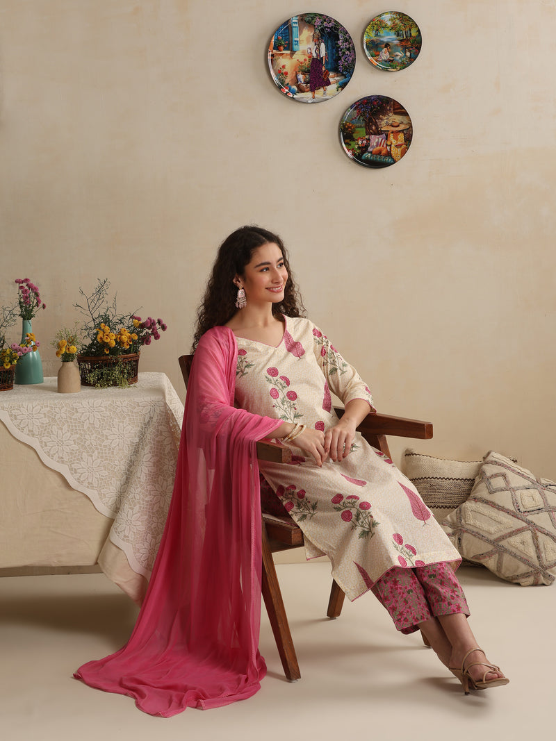 Khushal K Women Floral Printed Regular Pure Off White Cotton Kurta & Palazzo With Dupatta