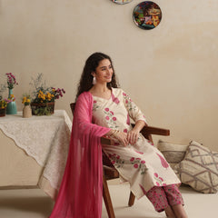 Khushal K Women Floral Printed Regular Pure Off White Cotton Kurta & Palazzo With Dupatta