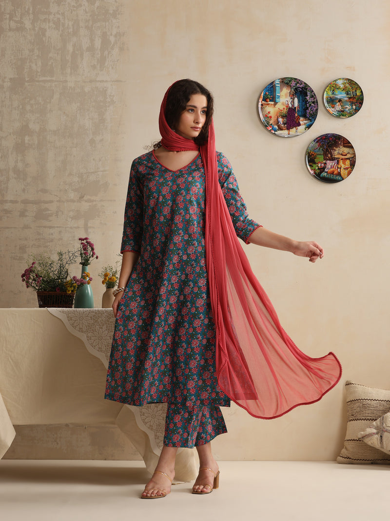Khushal K Women Floral Printed Regular Pure Cotton Blue Kurta & Palazzo With Dupatta