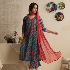 Khushal K Women Floral Printed Regular Pure Cotton Blue Kurta & Palazzo With Dupatta