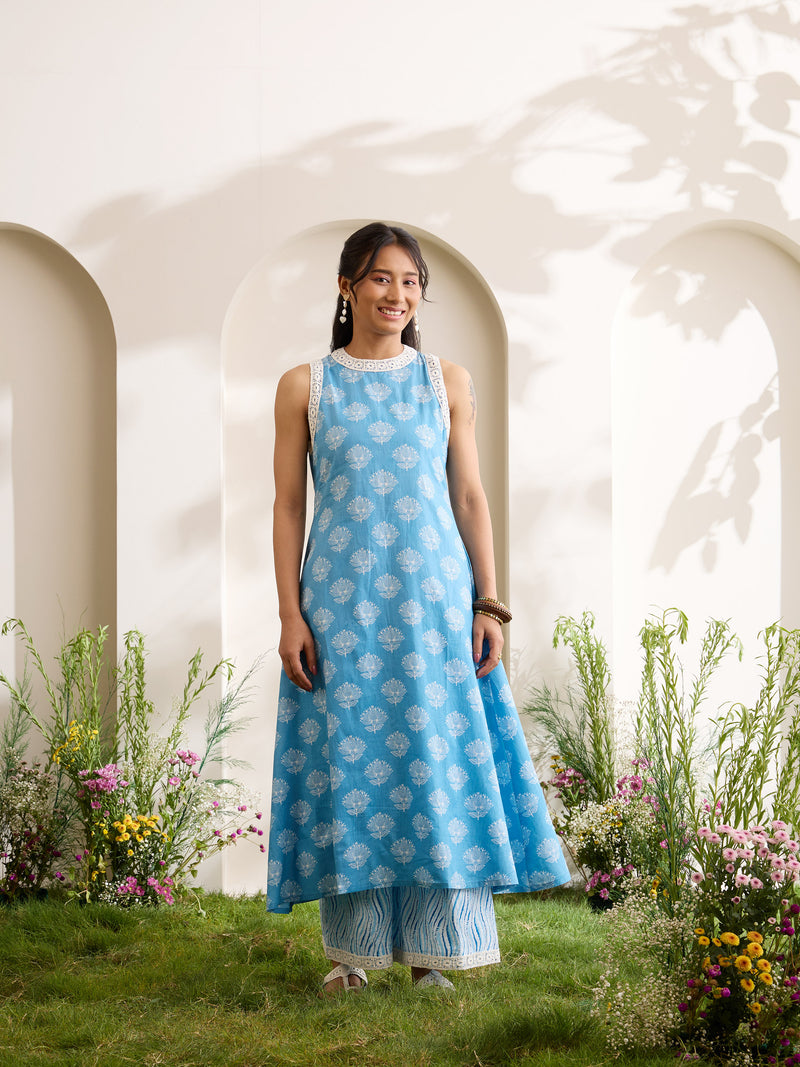 Khushal K Women Cotton Kurta With Palazzo Set - Blue