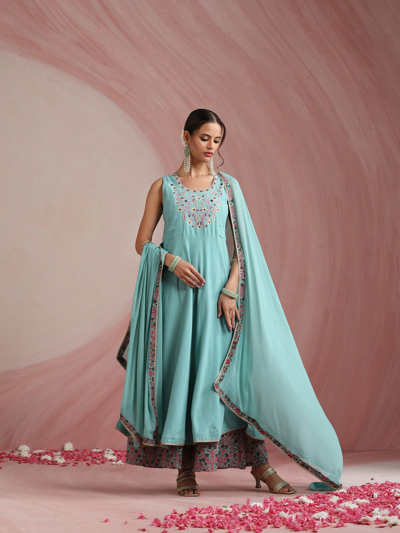 Turquoise Blue & Pink Embroidered Kurta with Palazzos & Dupatta Set