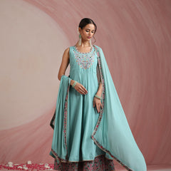 Turquoise Blue & Pink Embroidered Kurta with Palazzos & Dupatta Set