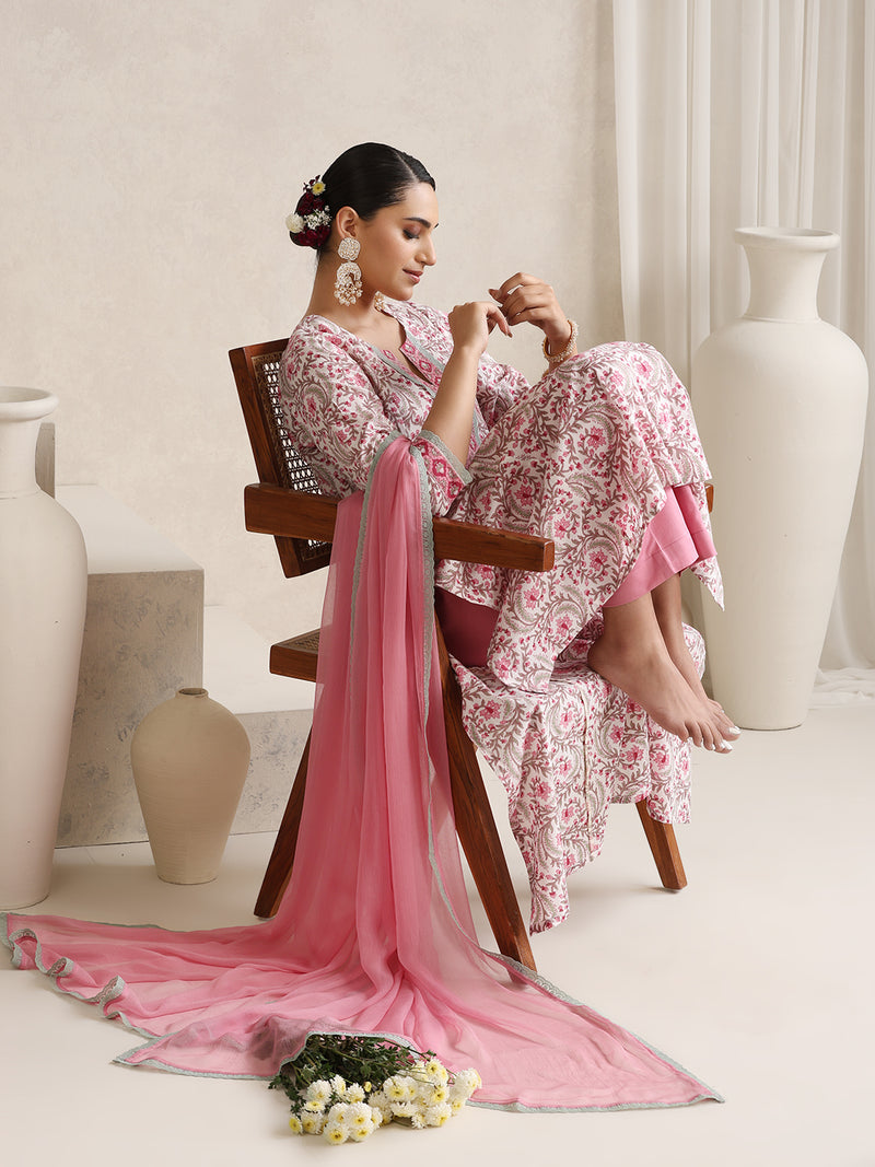 Women Floral Printed Angrakha Pure Cotton Kurta with Palazzos & With Dupatta