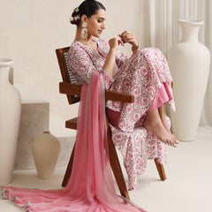 Women Floral Printed Angrakha Pure Cotton Kurta with Palazzos & With Dupatta