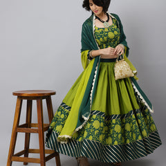 Floral Printed Cotton Lehenga & Blouse With Dupatta