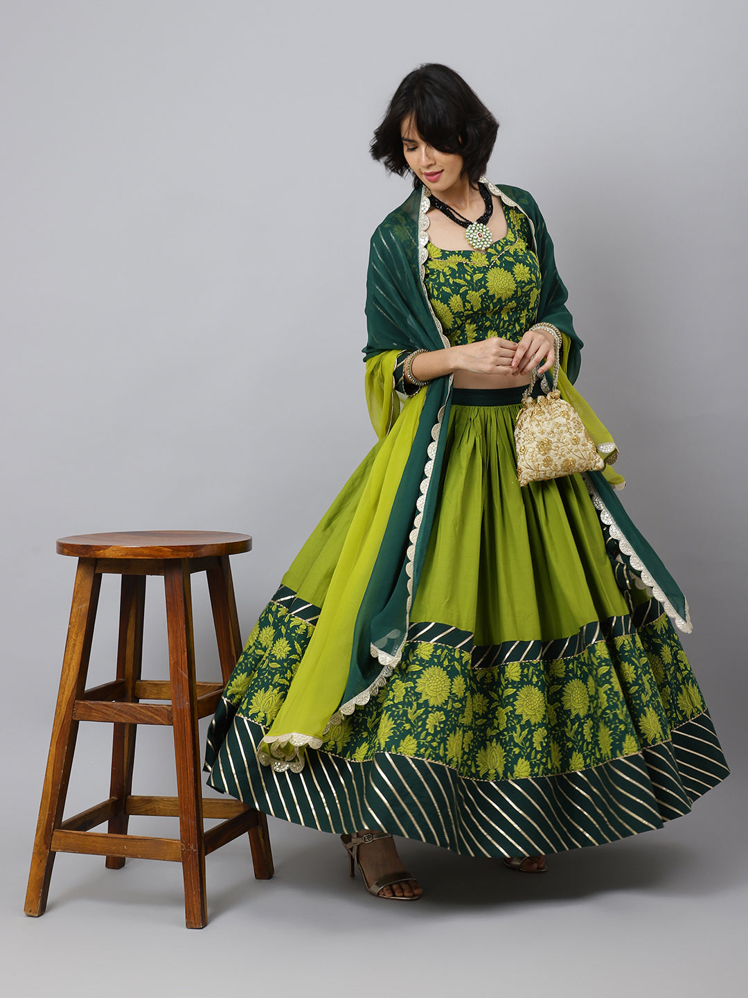 Floral Printed Cotton Lehenga & Blouse With Dupatta