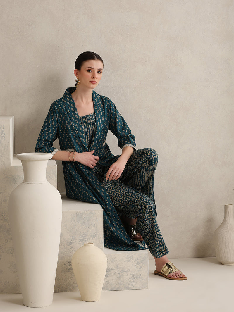 Teal Handblock Printed Cotton Blend Cord Set with Jacket