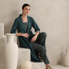 Teal Handblock Printed Cotton Blend Cord Set with Jacket