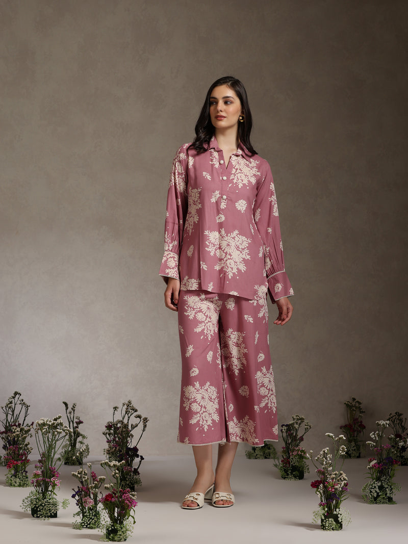 Floral Printed Mauve Co-ord Set with Flared Sleeves