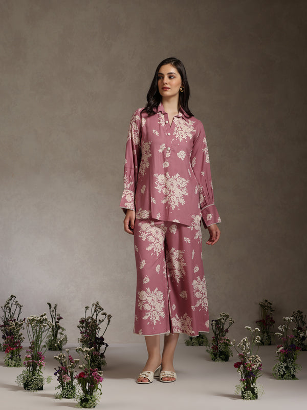 Floral Printed Mauve Co-ord Set with Flared Sleeves