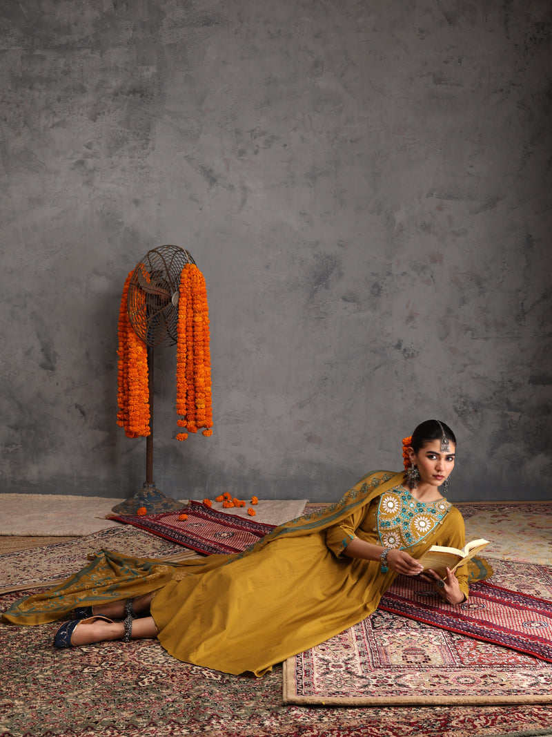 Khushal K Women Cotton Kurta Palazzo Dupatta Set - Mustard