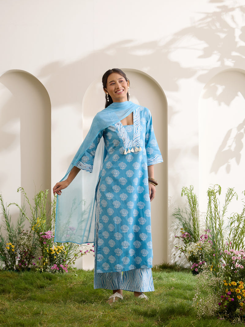 Khushal K Women Cotton Kurta And Palazzo With Dupatta Set - Blue