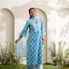 Khushal K Women Cotton Kurta And Palazzo With Dupatta Set - Blue