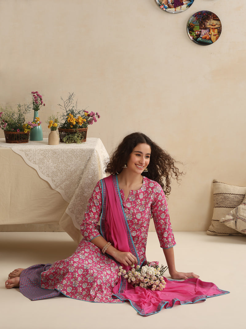 Khushal K Women Floral Printed Regular Pure Cotton Pink Kurta & Palazzo With Dupatta