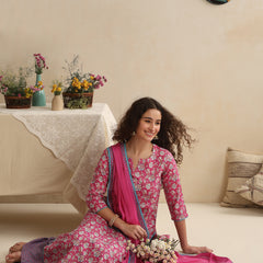 Khushal K Women Floral Printed Regular Pure Cotton Pink Kurta & Palazzo With Dupatta