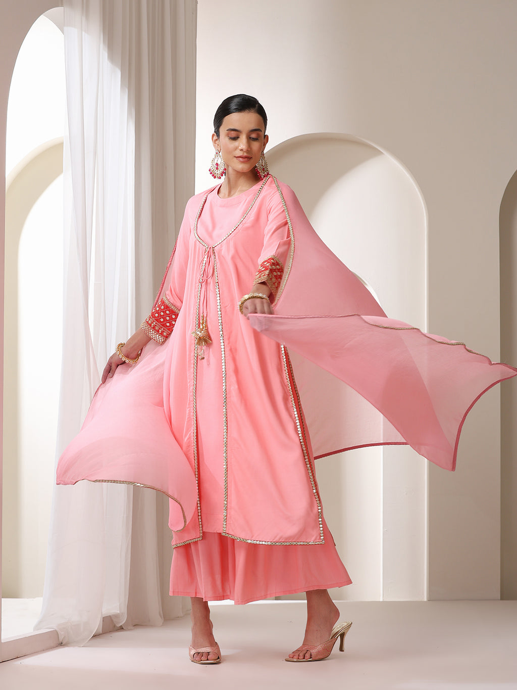 Floral Embroidered Sequinned Jacket Straight Kurta With Palazzos & Dupatta