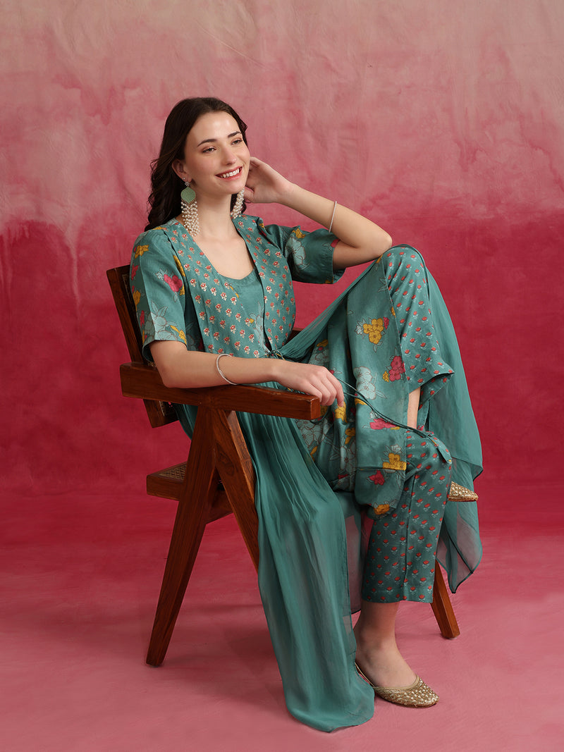 Floral Printed Layered Cord Set With Jacket
