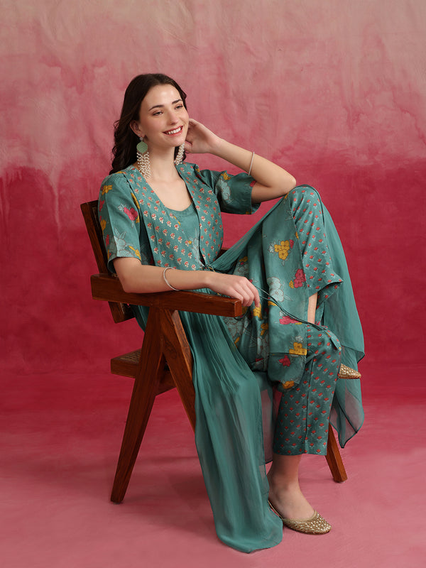 Floral Printed Layered Cord Set With Jacket