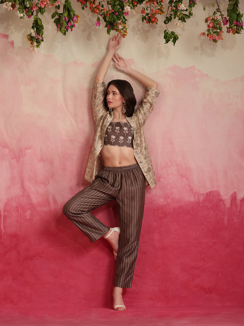 Printed Crop Top & Striped Pant Set with Jacket