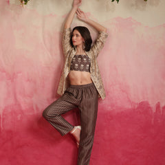 Printed Crop Top & Striped Pant Set with Jacket