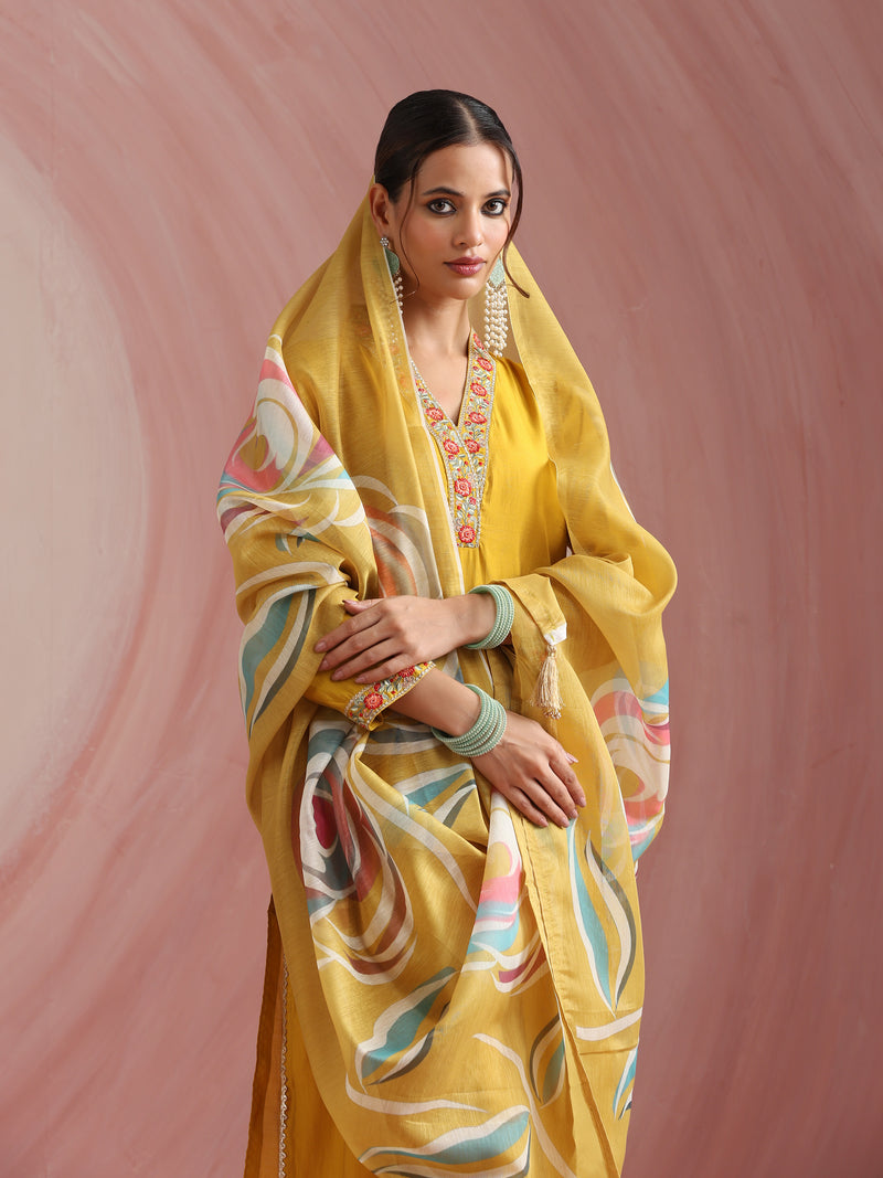 Khushal K Women Pure Silk yellow Embroidered Kurta & Palazzo With Dupatta