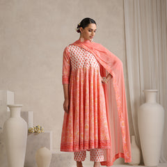 Floral Printed Mandarin Collar Pure Cotton Anarkali Kurta & Palazzos & Dupatta