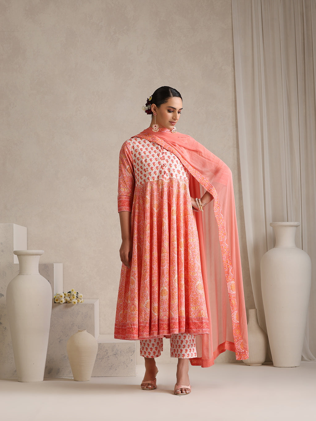 Floral Printed Mandarin Collar Pure Cotton Anarkali Kurta & Palazzos & Dupatta