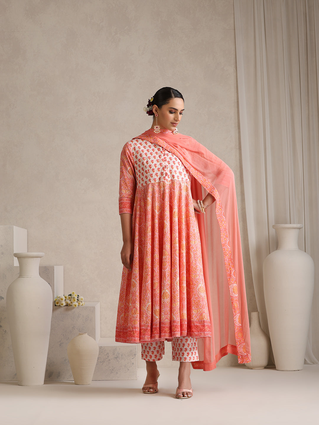 Floral Printed Mandarin Collar Pure Cotton Anarkali Kurta & Palazzos & Dupatta