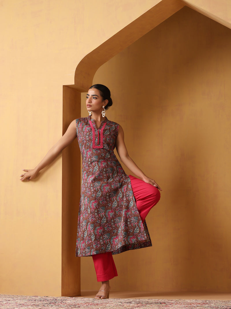 Khushal K Floral Printed Mandarin Collar Pure Cotton Straight Kurta set