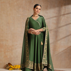 Women Solid Anarkali Kurta with Trousers & Dupatta