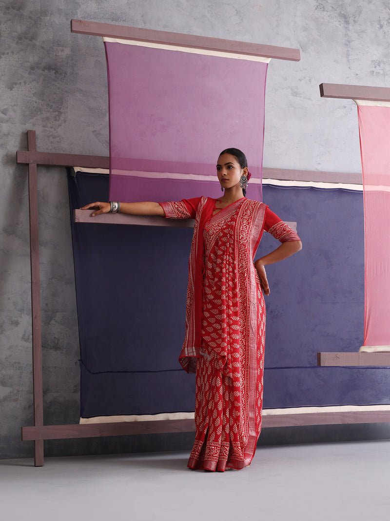 Women Hand Block Cotton Linen Printed saree