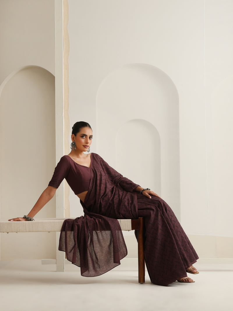 Women Hand Block Brown Pure Cotton Printed Saree