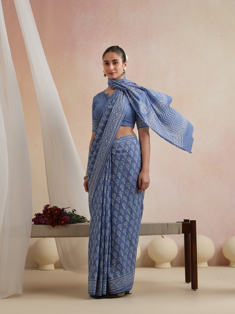 Women Hand Block Blue Pure Cotton Printed Saree