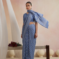 Women Hand Block Blue Pure Cotton Printed Saree