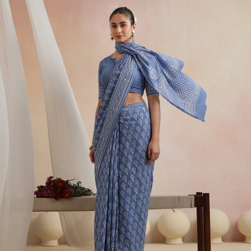 Women Hand Block Blue Pure Cotton Printed Saree - Khushal K - Image 7