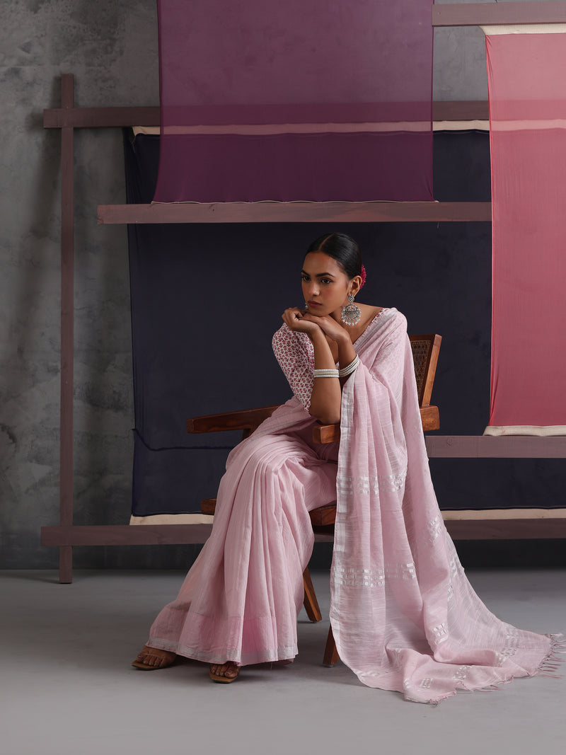 Women Cotton Pink Linen Printed Saree