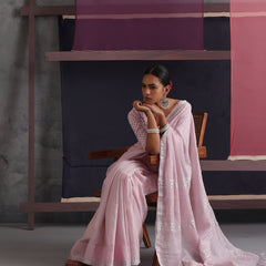 Women Cotton Pink Linen Printed Saree