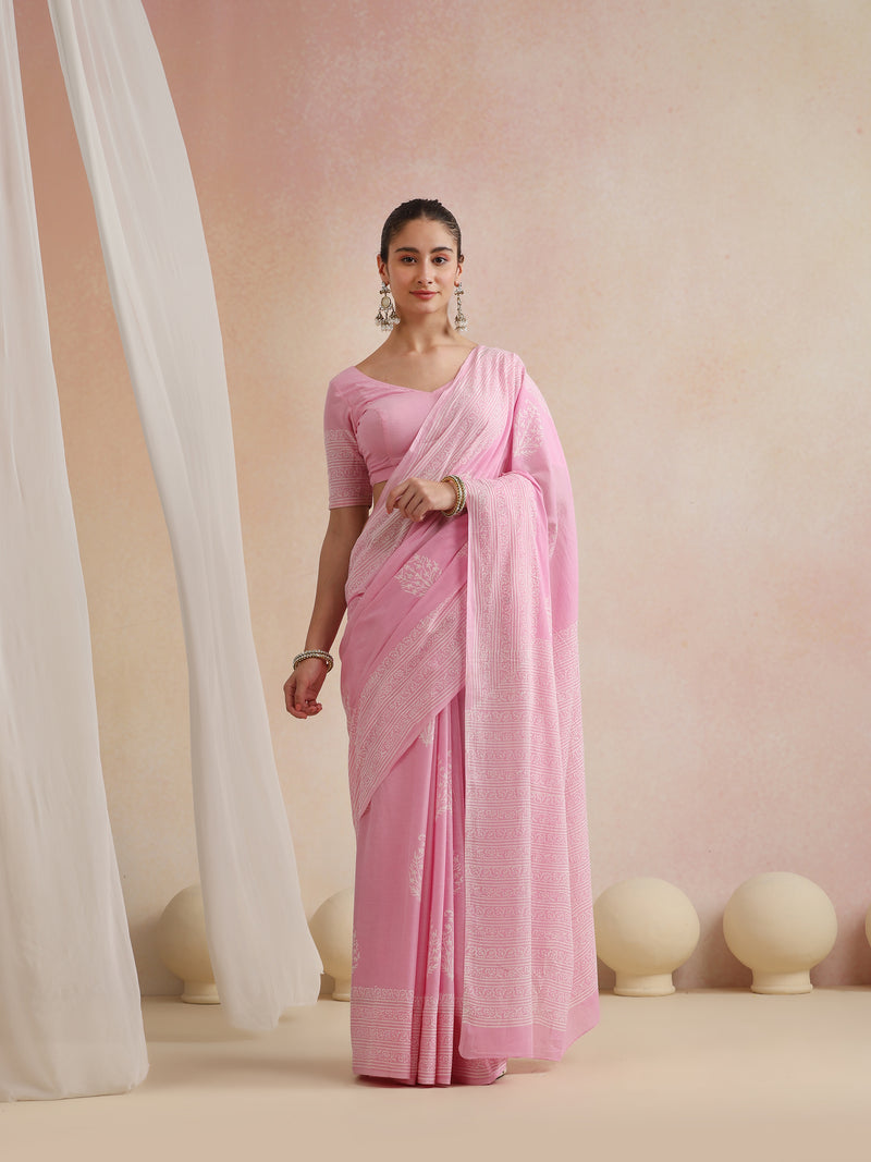 Women Hand Block Pink Pure Cotton Printed Saree