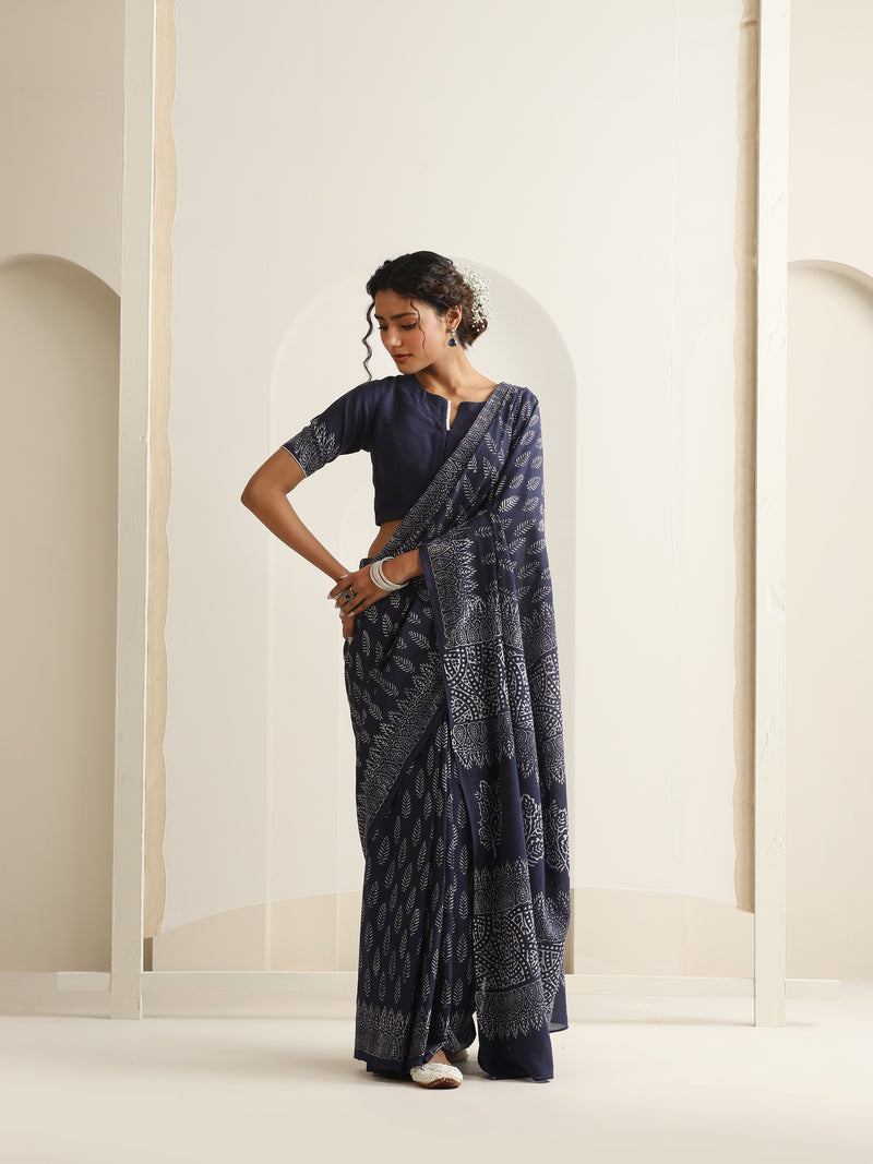 Women Hand Block Blue Pure Cotton Printed Saree