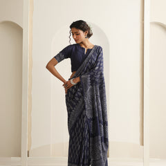 Women Hand Block Blue Pure Cotton Printed Saree