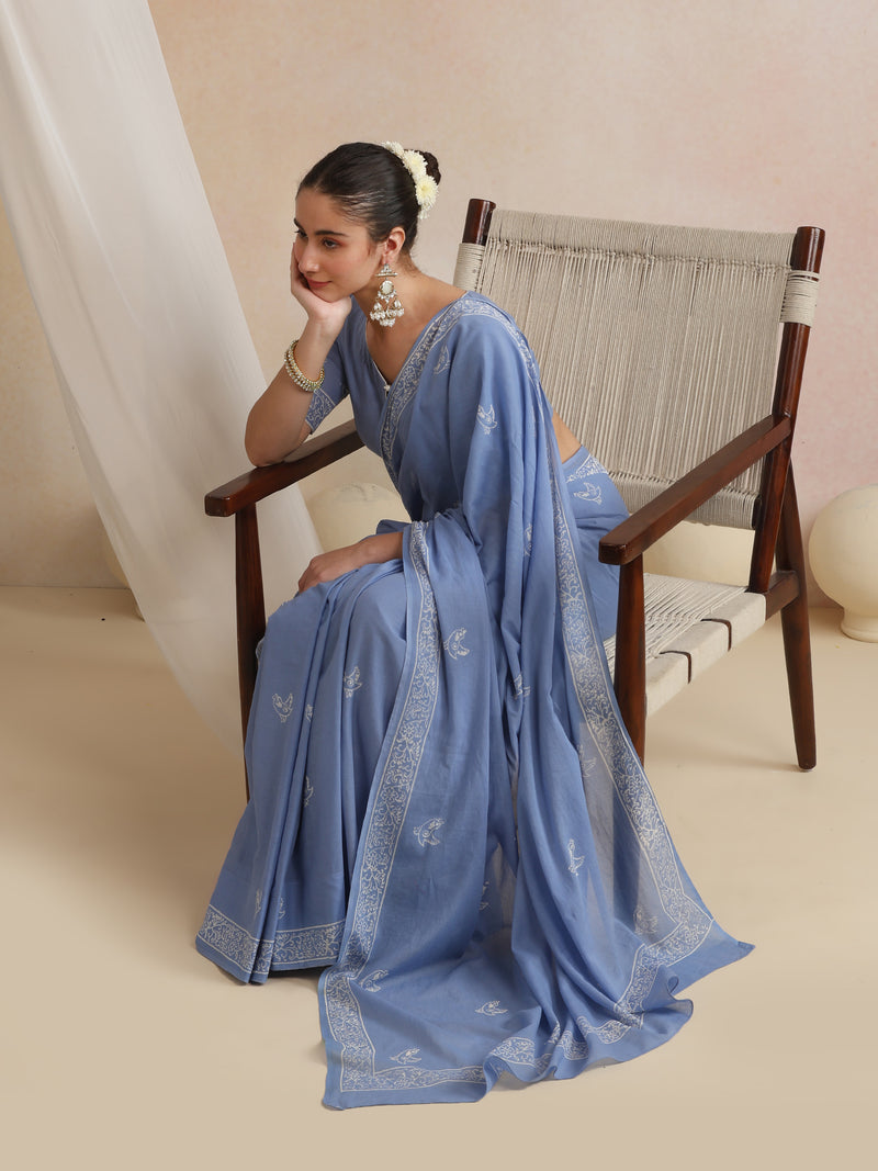 Women Hand Block Blue Pure Cotton Printed Saree