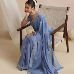 Women Hand Block Blue Pure Cotton Printed Saree